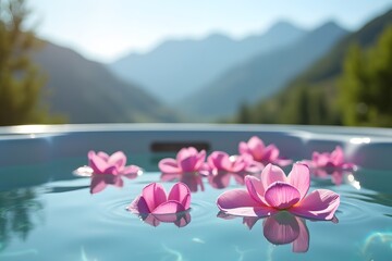 Flower petals floating on the surface of a jacuzzi near mountain view.