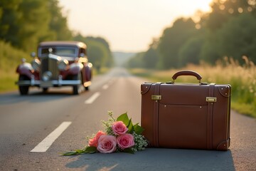 Elegant honeymoon luggage beside a vintage car on a scenic road.