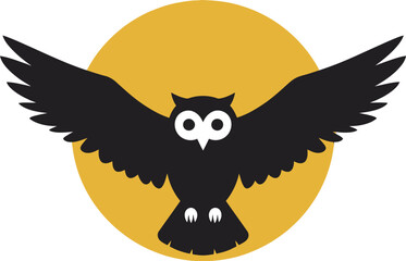 Majestic black owl spreading wings before golden sun emblem design nature wildlife bird symbol isolated on transparent background