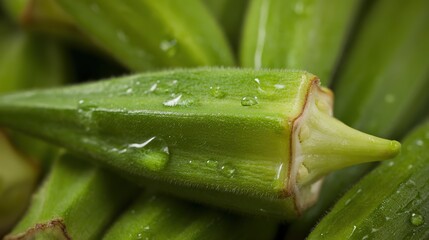 Okra Pods Stacked on Dark Background in Close-Up