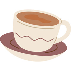 Hand Drawn Style Coffee Cup and Saucer With Warm Brown Beverage And Simple Decorative Lines On A Transparent Background