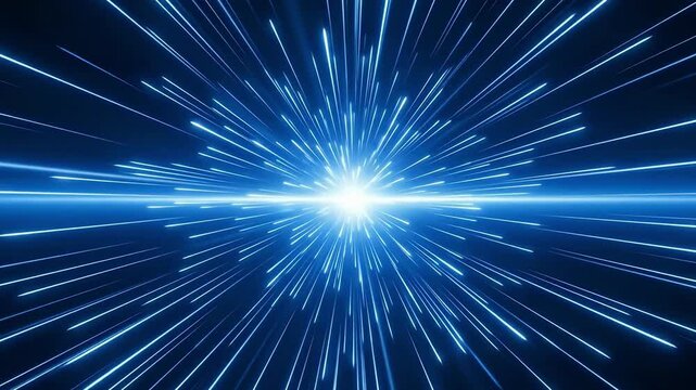 An abstract background showing bright blue streaks of light converging from a central white point, suggesting hyperspeed or time travel.