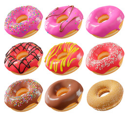 Assorted donuts with colorful icing, sprinkles, and chocolate isolated on white transparent background
