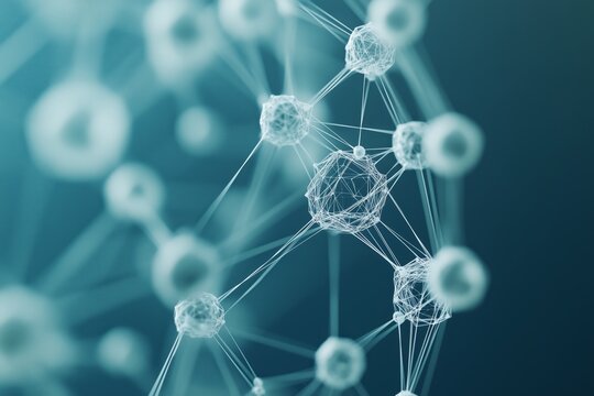 Floating Abstract 3D White Geometric Shapes Interconnecting in a Medical Network with Dots on a Blue Background