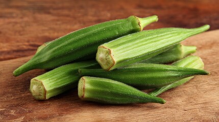 Okra Pods Stacked on Dark Background in Close-Up