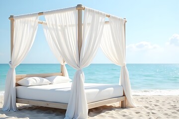 White canopy bed on the beach with flowing curtains in sea breeze.