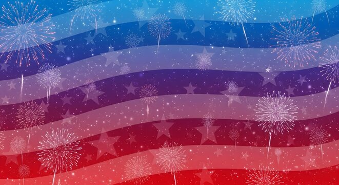 Red, white, and blue fireworks and stars pattern overlay on wavy, gradient stripes, creating an abstract and festive patriotic background for US holidays and celebrations