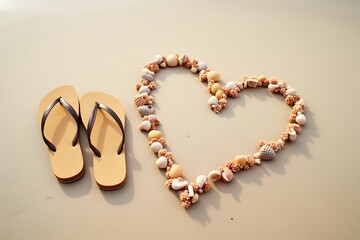 Pair of flip-flops left on sand beside heart drawn with seashells.