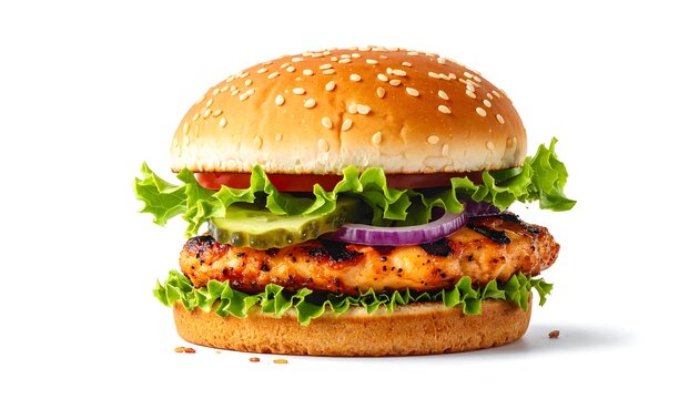 A juicy grilled chicken burger with lettuce, tomato, pickles, and red onion on a sesame seed bun