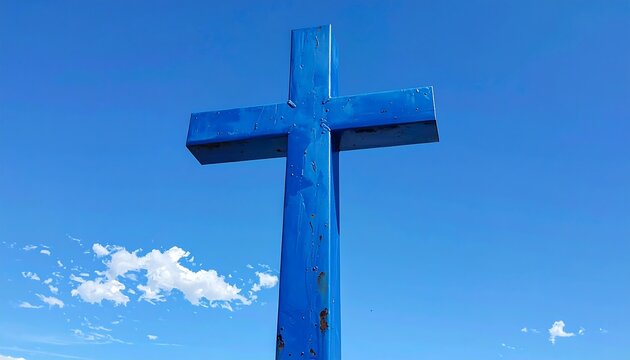 A large, weathered, blue cross against a clear, bright, blue sky with few fluffy clouds - Powered by Adobe