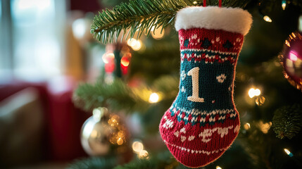 knitted christmas advent calendar sock with number 1 hanging on decorated christmas tree festive handmade ornament holiday tradition cozy seasonal decoration