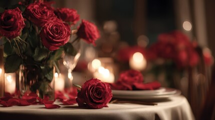 Vibrant red roses elegantly arranged in a romantic dining setting, surrounded by soft candlelight and delicate tableware, creating an intimate atmosphere for special occasions