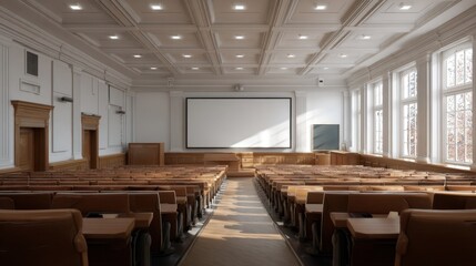 Spacious lecture hall with wooden seating, large projection screen, and natural light streaming through tall windows, creating an inviting educational atmosphere