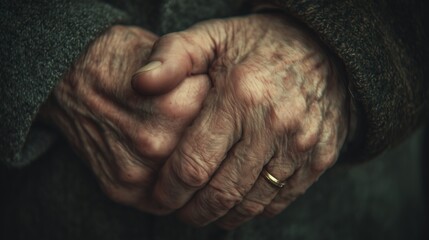 Fototapeta premium Elderly hands clasped together, showcasing the beauty of age and wisdom in a serene setting