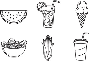 Six Icons of Summer Food and Drinks on White Background Keywords: watermelon slice, iced drink