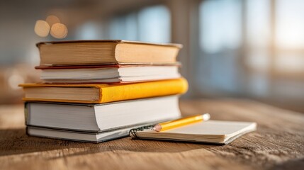 Stack of colorful books resting on a wooden table, with a pencil and notepad beside them, creating a cozy and inviting study atmosphere for learning and creativity