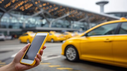 Smartphone held in hand near yellow taxis at busy airport terminal