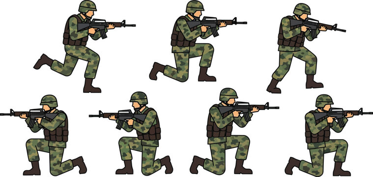 Collection of diverse soldier poses in combat ready stances with rifles illustrated graphics isolated on transparent background