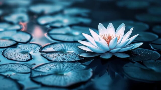 Serene water lily, light blue petals, surrounded by lily pads on dark water