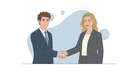 Two businesspeople in suits shaking hands in an office for a successful agreement