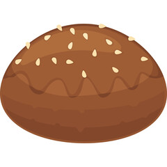 Round Brown Bread Roll Topped with White Sesame Seeds Isolated on a Transparent Background