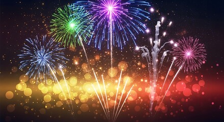 Stunning, colorful fireworks exploding in the night sky, featuring vibrant bursts over a dazzling bokeh and sparkling glitter foreground, perfect for a celebration background