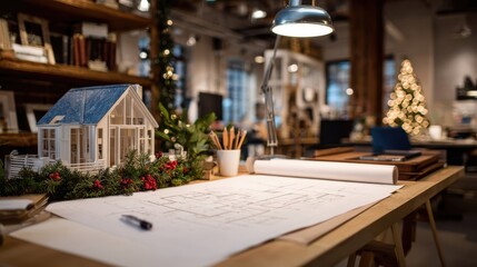 Architectural model of a house on a wooden desk surrounded by greenery, sketching plans with a warm ambiance and festive decorations creating a cozy workspace atmosphere