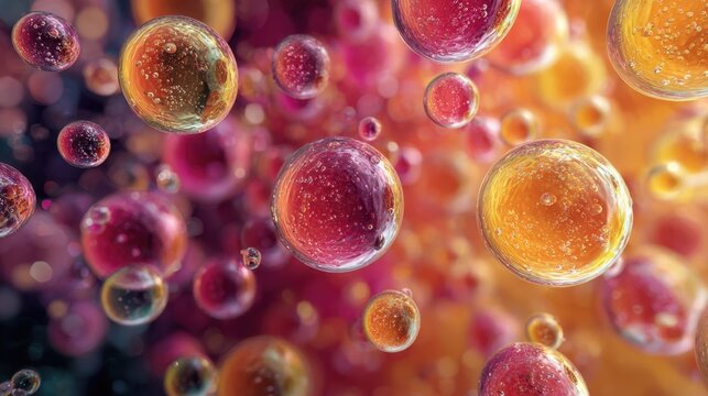 Colorful abstract illustration of floating bubbles in a vibrant gradient background, showcasing a mesmerizing interplay of light and texture, ideal for creative design projects