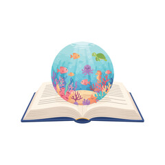An open book with a vibrant spherical underwater world featuring fish, a turtle, an octopus, and colorful coral emerging from its pages.