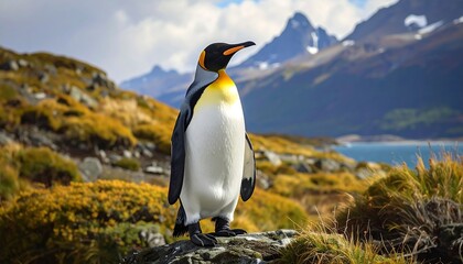Fototapeta premium A majestic penguin stands tall on a rocky outcropping, with a stunning mountain landscape and ocean in the background