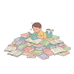 A happy young boy lies on a large pile of colorful books, engrossed in reading a book, surrounded by knowledge and imagination.