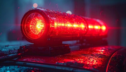 Close-up of a red emergency light, rain-splattered, atop a vehicle at night, with blurred bokeh in the background