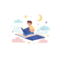 A happy boy reads a book while flying on a giant open book surrounded by clouds, stars, and a moon, symbolizing imagination and fantasy.