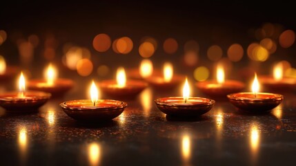 Warm glow of multiple oil lamps with flickering flames, creating a serene ambiance against a dark background, ideal for festive celebrations and peaceful moments