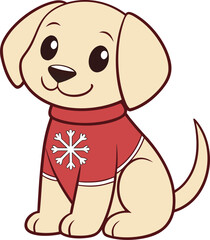 Cute cartoon puppy wearing a red sweater with a snowflake design Christmas