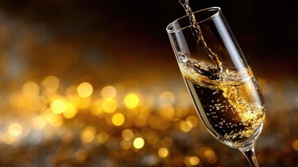 Sparkling beverage being poured into a clear glass flute, with golden bokeh background creating a festive atmosphere, perfect for celebrations and special occasions
