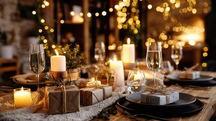 Festive dining table elegantly set with candles, sparkling glasses, and beautifully wrapped gifts, creating a warm and inviting atmosphere for holiday celebrations
