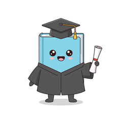 A cute cartoon blue book character wearing a graduation cap and gown, holding a diploma, celebrating academic achievement.