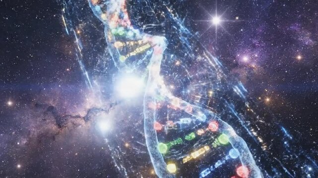 Abstract dna helix structure in space with multicolored highlights