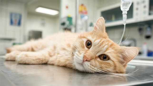 Orange tabby cat lying on a stainless steel table in a veterinary clinic, with medical equipment and supplies visible in the background, showcasing a caring environment for pets