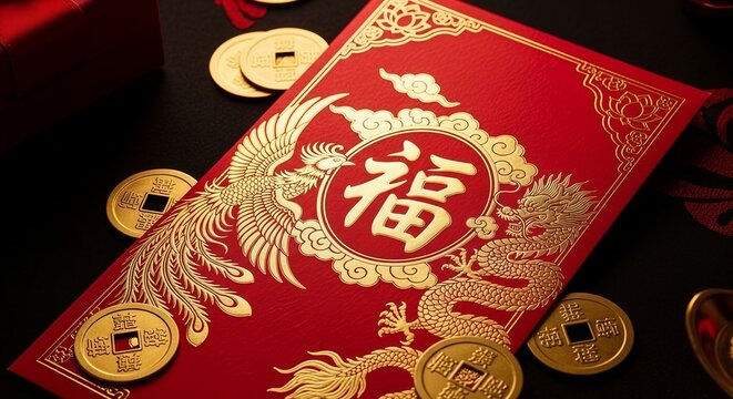 Traditional Chinese Red Packet with Golden Dragon, Phoenix, and Prosperity Character (Fu) surrounded by Coins
