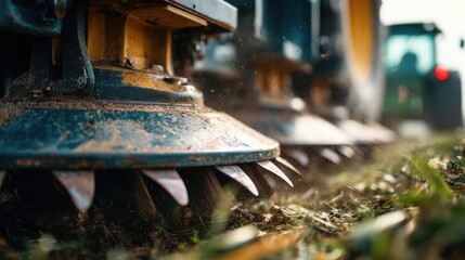 Agricultural machinery with sharp rotating blades is tilling soil in a field, showcasing the process of land preparation for planting crops and enhancing agricultural productivity