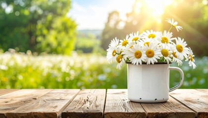 Springtime concept with fresh white chamomile flowers arranged in a vibrant purple teacup atop a rustic wooden table in a garden, with blurred chamomile field background