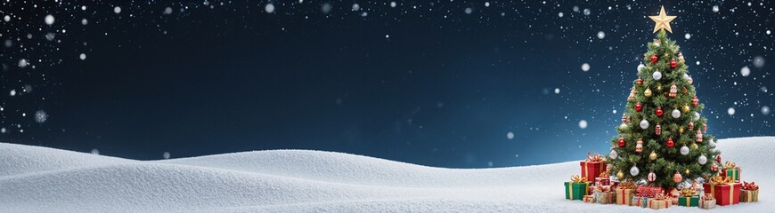 Christmas tree with decorations and Christmas tree toys on snow with space for text