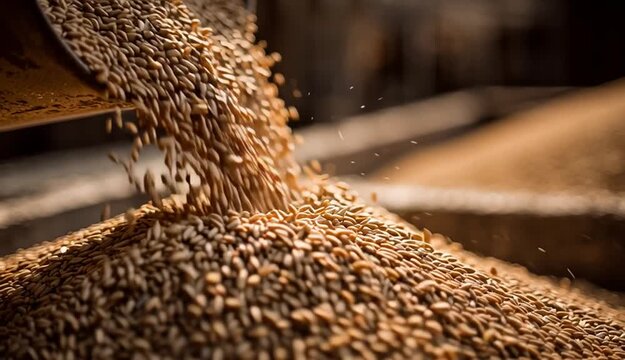 Pouring wheat or barley seeds into a large pile after a successful harvest. Concept of food supply, agribusiness, and commodity trading