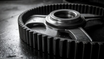 Close-up of a textured gear on a metallic surface with soft lighting, highlighting intricate details and textures