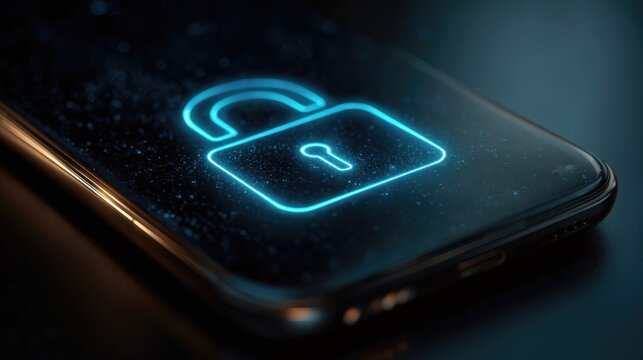 Smartphone mock up featuring illuminated padlock icon on screen, representing digital security and privacy concepts, with dark background and glowing effects for visual impact - Powered by Adobe