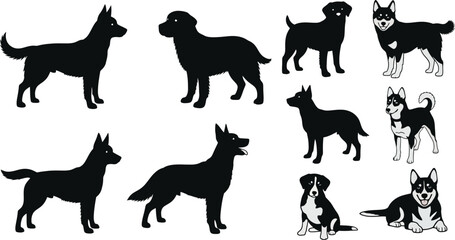 Collection of diverse dog silhouettes capturing various breeds and poses for creative projects isolated on transparent background