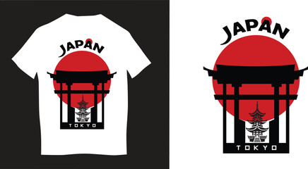 Japanese T-shirt Design with Torii Gate, Pagoda, and Red Sun