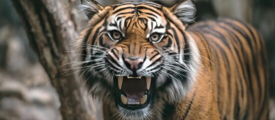 Naklejka premium Fierce Tiger Growling with Orange and Black Stripes in the Wilderness